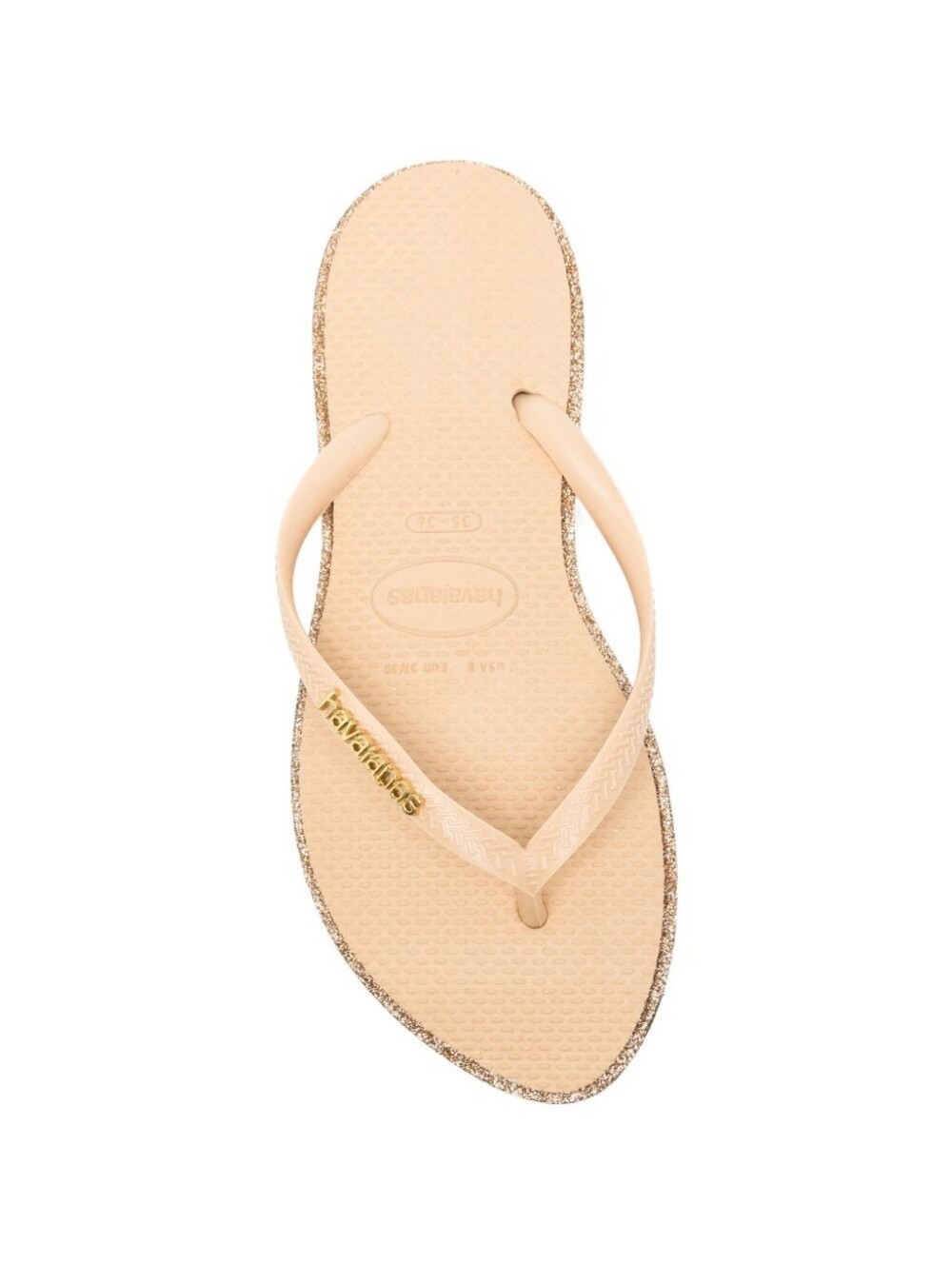 Havaianas Women’s Slim Point Flip Flop in Nude with Gold Glitter Trim Size 41
